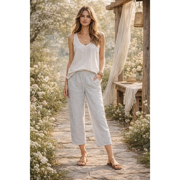 J. Jill Pants - J.Jill Love Linen Gray Cropped Wide Leg Pants Medium pull-on‎ lagenlook coastal